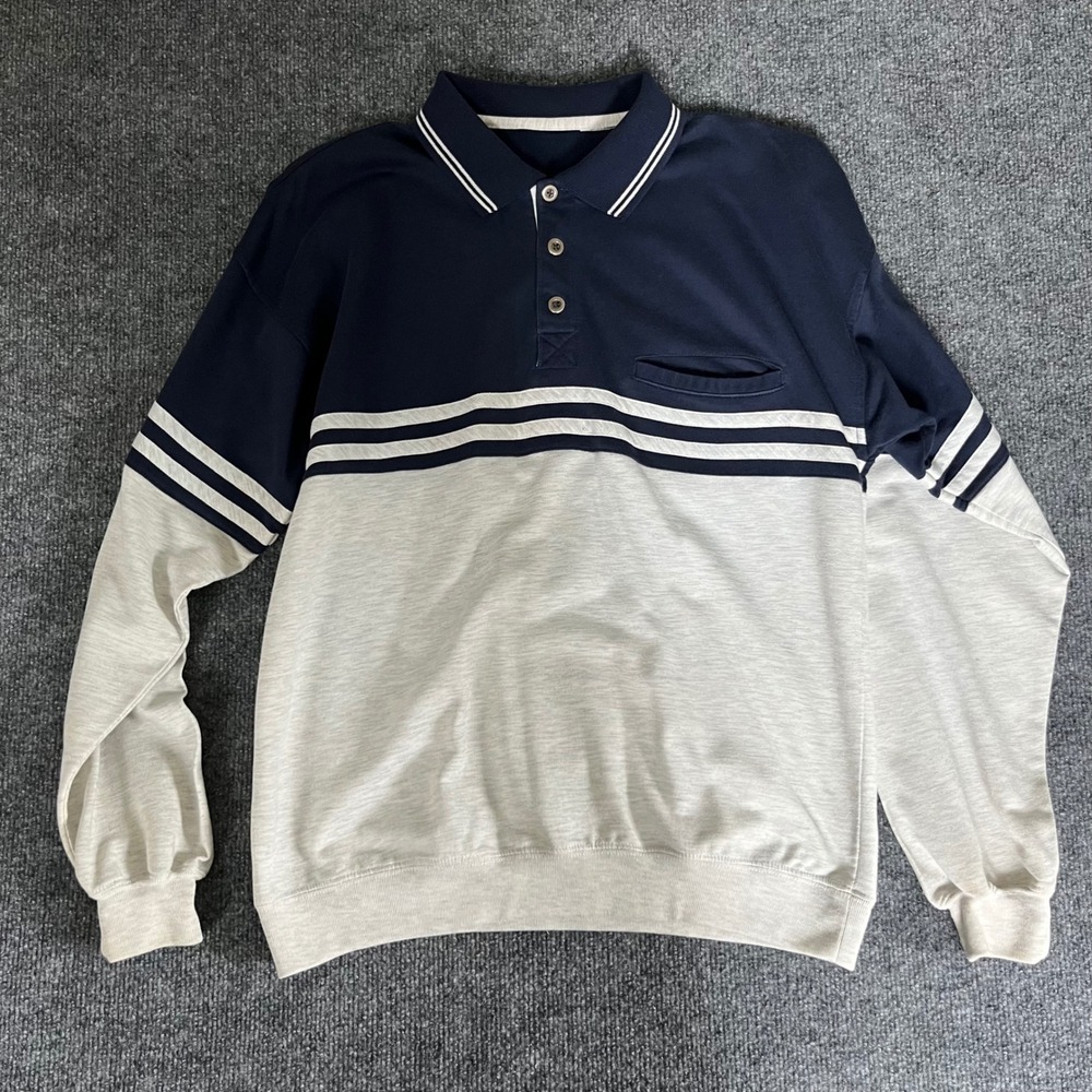 Vintage Style Colorblock Striped Long Sleeve Polo Sweatshirt Navy Gray Mens